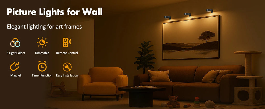 Battery Operated Picture Light Magnetic Led Painting Light with Remote Dimmable Timer 3 Lighting Modes Art Display Light Black